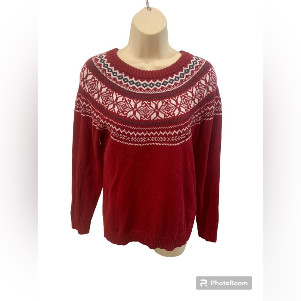Croft & Barrow Fair Isle Red Knit Cotton Blend Crew Neck Sweater‎ Size Small EUC